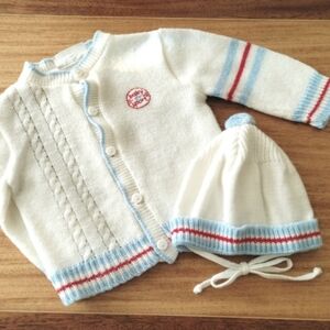 Vintage Doe Spun 80s Cardigan Sweater And Hat Set White Cream Size 12-18 Months